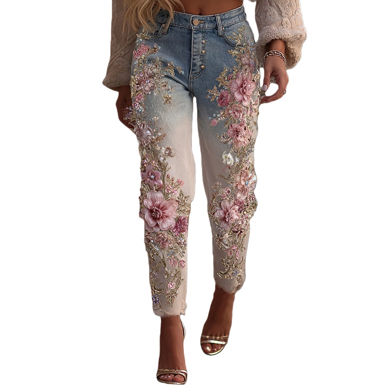 Retro Floral Print Jeans High Waist Slim Imitation Jeans Elegant Casual Trousers